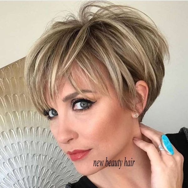 Beauty Synthetic Short Pixe Cut Straight Hair Wigs For Women Ombre