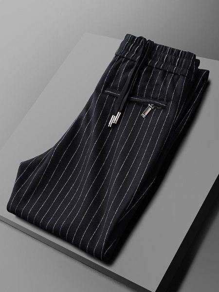 

minglu wool mens pants luxury elastic waist stripe casual man pants autumn and winter slim fit thick male trousers plus size 40, Black