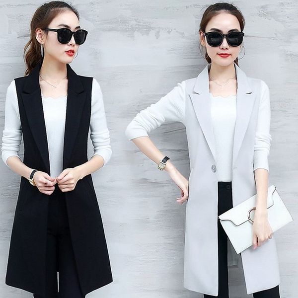 

female suit waistcoat spring summer long vests womens black single button office lady coats casual streetwear jacket vest q1261, Black;white