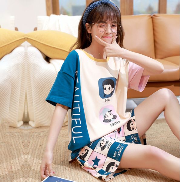 

2020 popular summer cartoon women pajamas lovely soft cotton sleepwear short-sleeve short pants ladies girl nightwear 2 pcs/set, Black;red