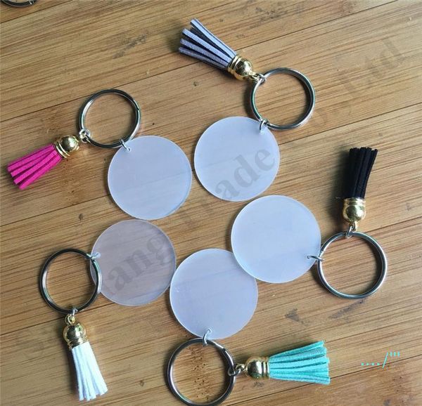 

ins clear acrylic disc tassel keychain 4cm blank disc with suede tassel vinyl keyring gold silver monogrammed round key chain holder a110403, Red;brown