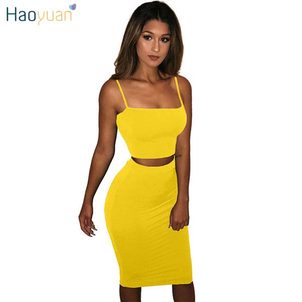 

haoyuan two piece dress women clothes black white red yellow summer bodycon sundress robe spaghetti strap party dresses, Black;gray