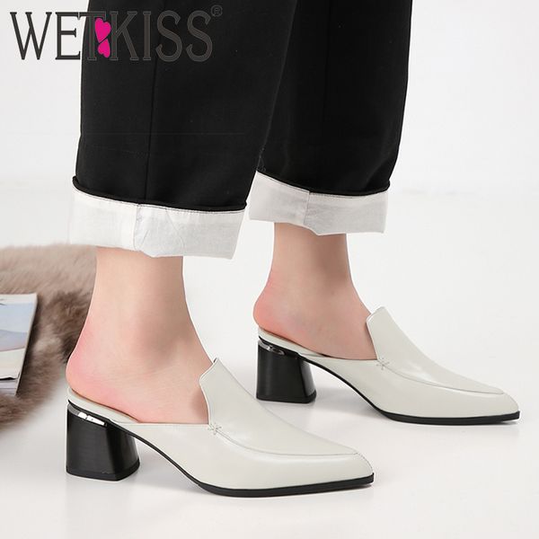 

wetkiss high heels slippers women summer 2019 new slides shoes cow leather mules shoes female fashion office ladies black