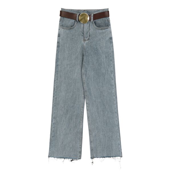 

spring jeans woman casual solid color belt decoration loose wide leg high waist jeans, Blue