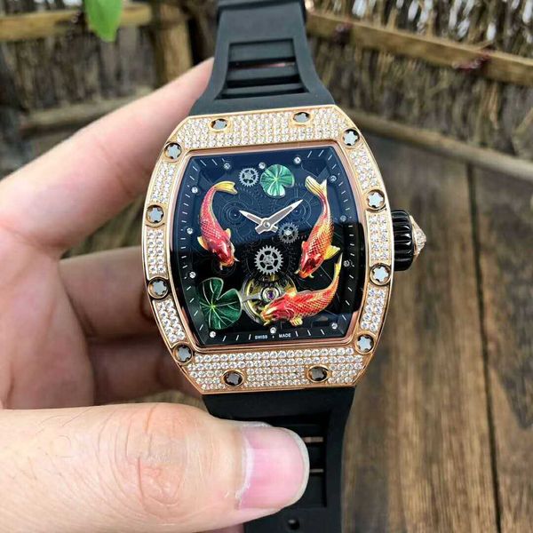 

swiss rm57-01 brocade diamond mechanical automatic 3d watch sculpture sapphire luxury openworked watches carp manual new watch mens dia jrvn, Slivery;brown