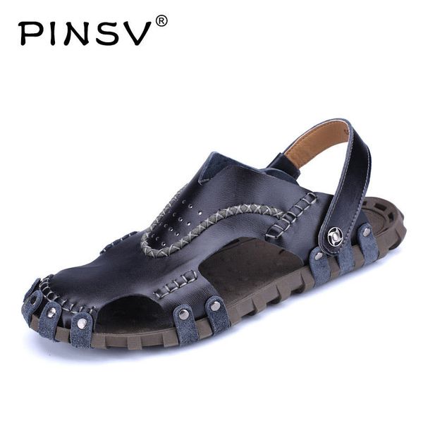 

pinsv men summer sandals 2018 casual shoes breathable handmade outdoor walking footwear soft lightweight, Black