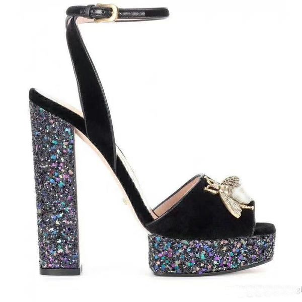 

bling bling high heels platform sandals women 2019 brand summer runway metal chain decor shiny sequins fottwear zapatos summer shoes, Black