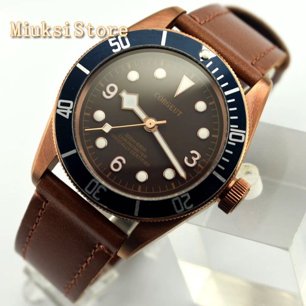 

fashion mens waterproof watch corgeut 41mm sapphire glass seagull movement luminous mechanical watches, Slivery;brown