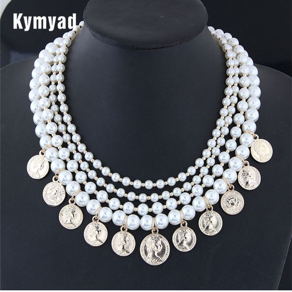 

kymyad multilayer choker necklace women coins necklaces & pendants collares simulated pearl statement necklace collier femme new, Golden;silver