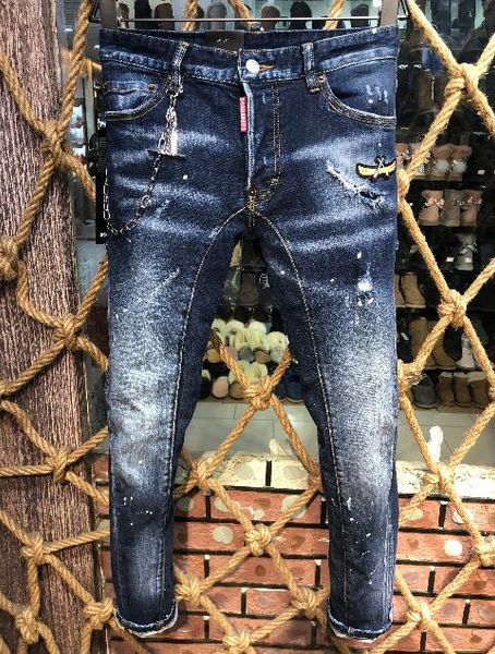 

2019 mens badge rips stretch black jeans fashion designer slim fit washed motocycle denim pants panelled hip hop trousers #1252, Blue