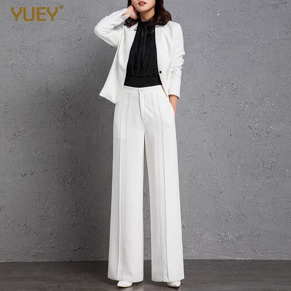 

yuey 2020 new women striped two-pieces suit korean style thin jacket and wide leg pants clothing set for office lady white black