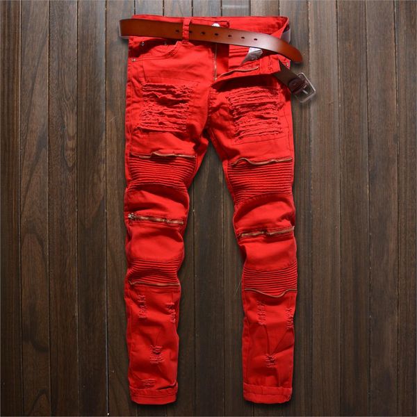 

new street style men's multi pocket moto bike pants ribbed stretch skinny burgundy cargo biker jeans slim cotton big size pants, Blue