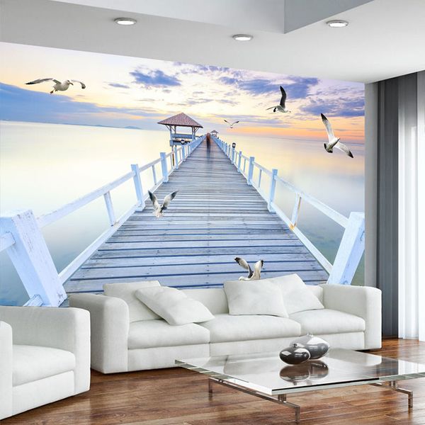 

custom any size mural wallpaper modern sunset wood bridge sea view wall painting living room tv sofa bedroom space wall paper 3d