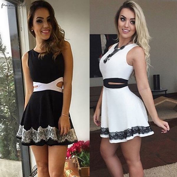 

women lace dresses summer casual sleeveless evening party beach short tank hole hollow out mini dress black white, Black;gray