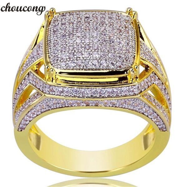 

choucong handmade male hiphop ring pave setting diamond yellow gold filled wedding band rings for men gold color jewelry, Slivery;golden