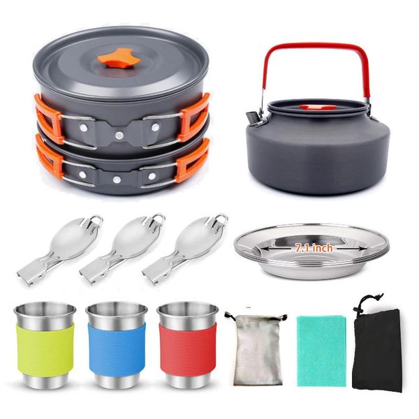 

outdoor camping multicolor pan pot cookware kit set portable camping water cup spoon with carry bag for picnic backpacking