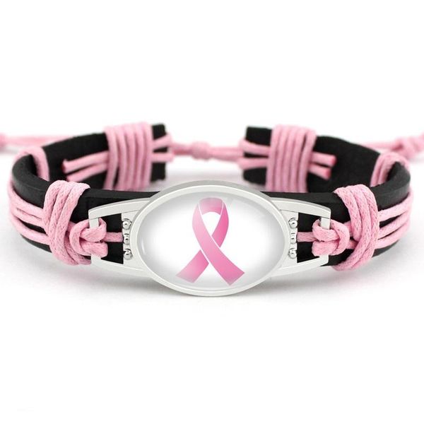 

fighter breast cancer awareness pink ribbon charm leather bracelets yellow ribbon woven rope bangle for women statement jewelry gifts, Golden;silver