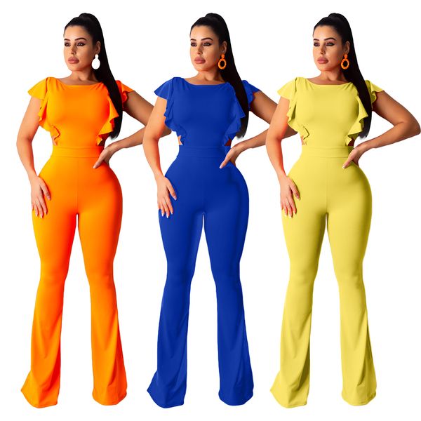 

2020 sell ladies feifei sleeve pure color jumpsuits wide-legged horn, Black;white