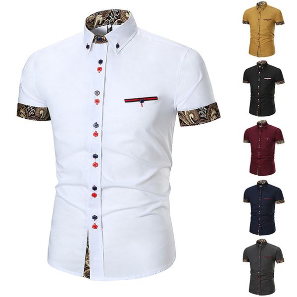

mens colorblock striped short sleeve shirt fashion lapel neck print casual homme summer slim fit shirt, White;black