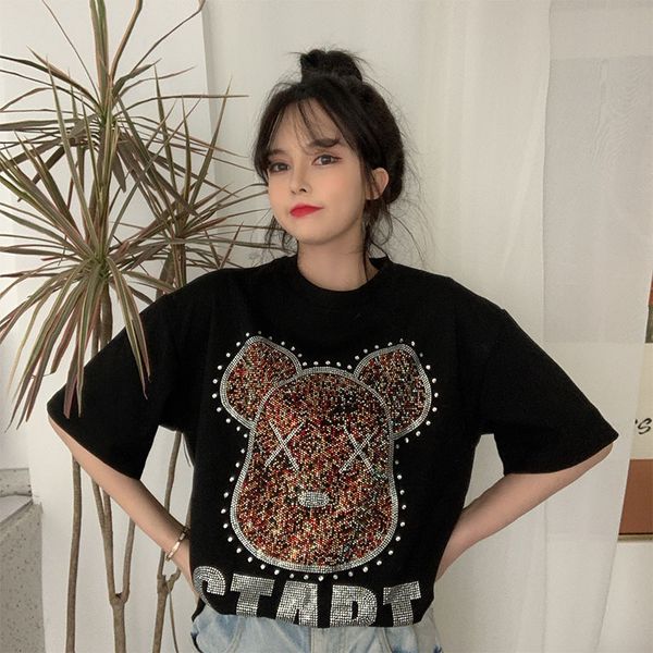 

europe 2020 summer new heavy-duty rhinestone bear short-sleeved t-shirt female korean loose half-sleeved bottoming shirt, White