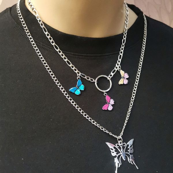 

butterfly design pendant necklace vintage women personality fashion colorful collar choker necklaces for girl gift statement hip hop jewelry, Silver