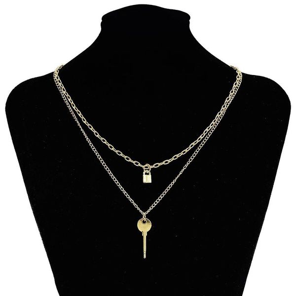 

multi-layer choker necklace key lock round pendant charms gold plated thin chain necklace for women girls, Silver