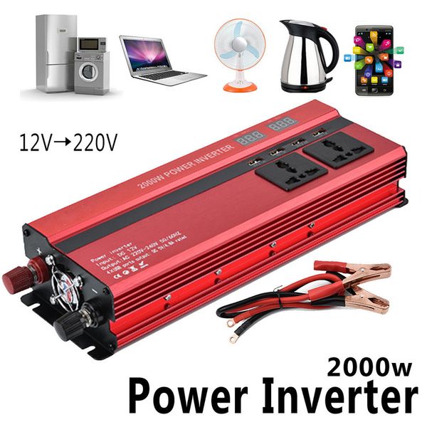 

12v 220v 2000w inverter car led converter dc 24 v to 220v 4 usb ports charger veicular car power inverter dual display inversor