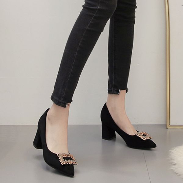 

feiyitu womens shoes new fashion in autumn 2019 thick heel shallow mouth single shoe womens water drill square buckle suede high heel shoes, Black