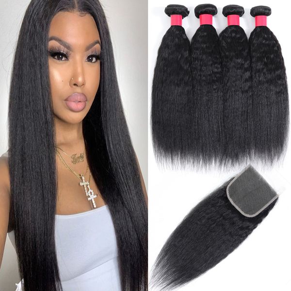 

brazilian virgin hair yaki straight bundles with 4x4 lace closure hair extensions weave human hair bundles wefts with lace closures, Black