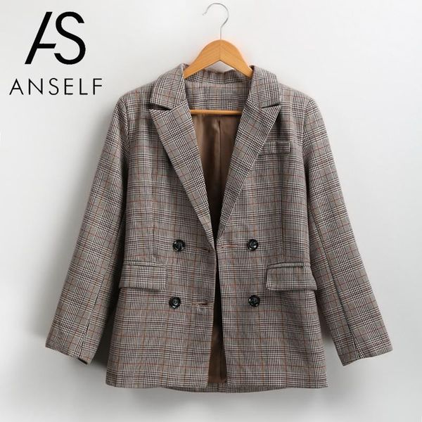 

anself vintage double breasted office lady plaid blazer long sleeve loose houndstooth suit coat jacket women blazers female 2019, White;black