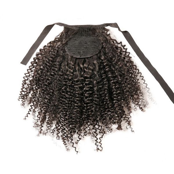 

short afro kinky curly hair updo ribbon human hair drawstring high puff ponytail hair extension afro bun for natural remy- 120g dark brown, Black