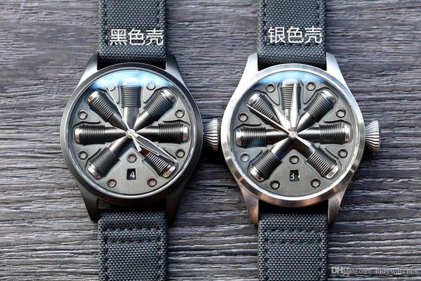 

44mm мужские часы sport big летучий aircraft engine циферблатом из нержавеющей стали 316l матовый чехол сапфировое стекло ткань ремешок часы, Slivery;brown