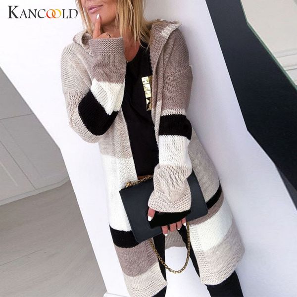 

kancoold coats women fashion casual patchwork long sleeve knit sweater cardigans hooded new coats and jackets women 2019aug30, Black;brown