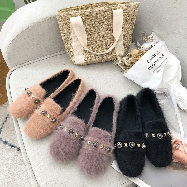 

women loafers warm plush woman flats metal slip on shoes faux fur boat shoes female 2019 winter new fashion desinger n7840, Black