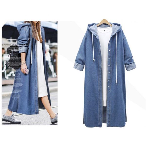 

women hooded casual long sleeve denim jacket long jean coat outwear overcoat chaqueta denim mujer, Black;brown