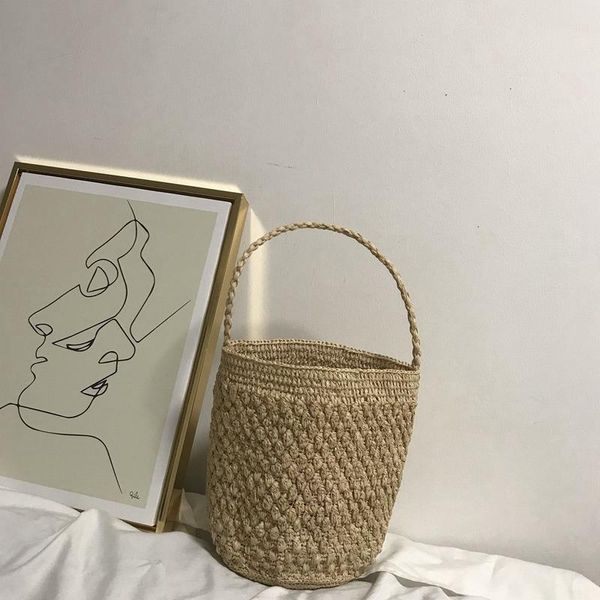 

ljl-woven bag manual straw knit beach totes bag bucket summer striped women handbag braided large basket