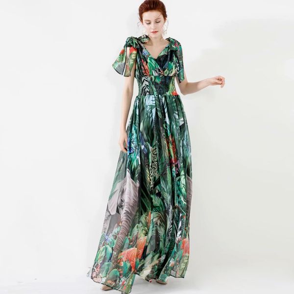 

women's runway dresses v neck sleeveless lace up bow printed elastic waist elegant long floral dresses, Black