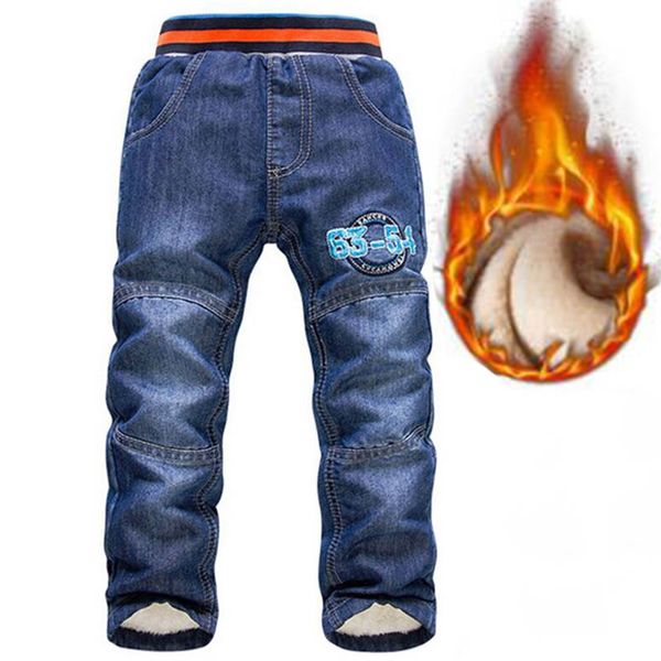 

boys jeans winter new children embroidery warm thermal cotton-padded trousers kids thicken plus velvet denim pants, Blue
