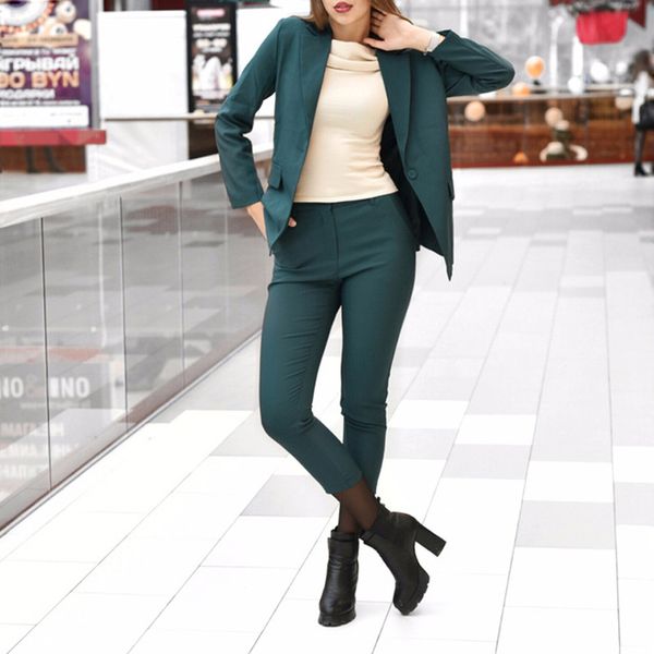 

bgteever women pencil pant suits 2 two piece set work blazer jacket+ elactic pencil trouser office lady suit 2018 spring, White;black