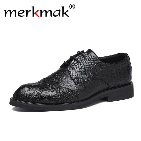 

merkmak 2020 luxury men dress shoes crocodile formal leather footwear fashion pointed toe oxford walking for wedding party, Black