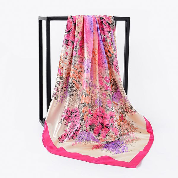 

fashion floral print kerchief silk satin hair scarf for women square shawls and wraps 90*90cm 2019 winter neck scarves for lady, Blue;gray