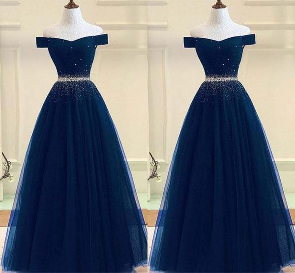 

off the shoulder evening gowns navy blue color tulle pleats beaded sequins prom dress long party women special occasion dresses formal gowns, Black