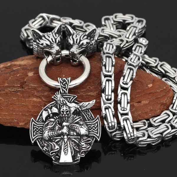 

men stainless steel wolf head necklace with viking warrior pendant hanging viking king chain, Silver