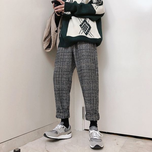 

autumn thickening woolen pants men fashion retro cotton casual plaid pants man streetwear hip hop loose straight trousers male, Black