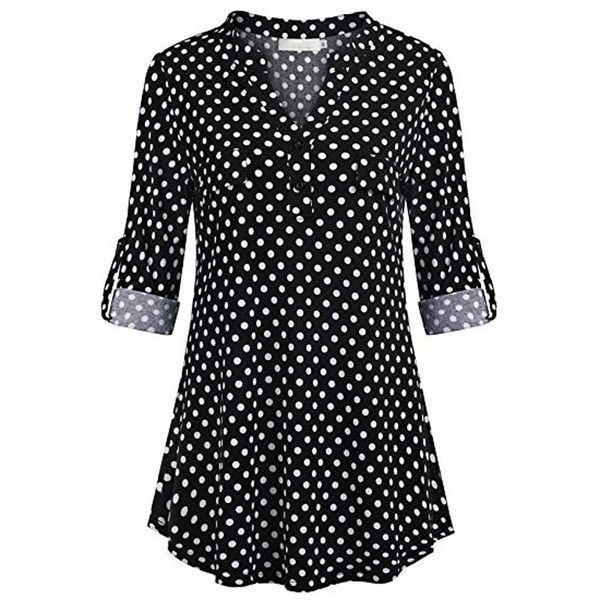 

women's blouses shirt split button long sleve roll-up polka dot printed tunic v neck streetwear roupas femininas blouses, White