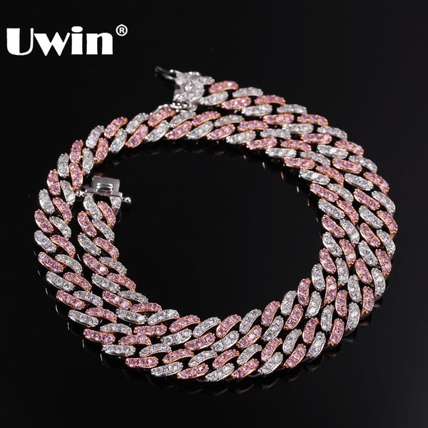 

uwin 9mm iced out women choker necklace silver /rose gold cuban link with white &pink cubic zirconia chain jewelry