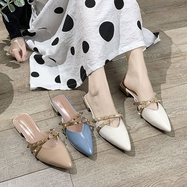 

house slippers platform cover toe female shoes low loafers rivet slides 2020 flat pointed summer hoof heels rubber pu sexy, Black