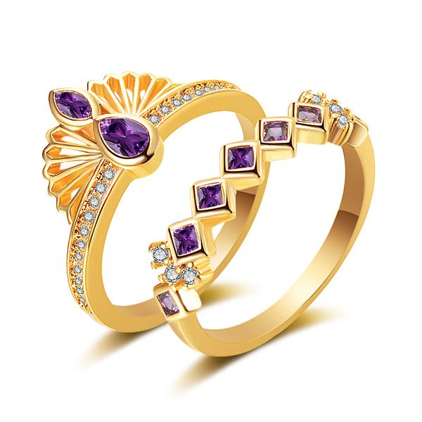 

luxury gold color wedding rings set for women sparkling purple zircon crown ring size 5-10 engagement jewelry gifts, Slivery;golden