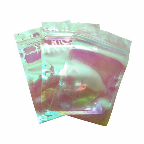 Brilhando bolsas dos doces Snacks Pacote Bolsas Holographic pacote plástico Iridescent Zipper fechamento da embalagem Bolsa para Jóias Toy Acessórios de armazenamento