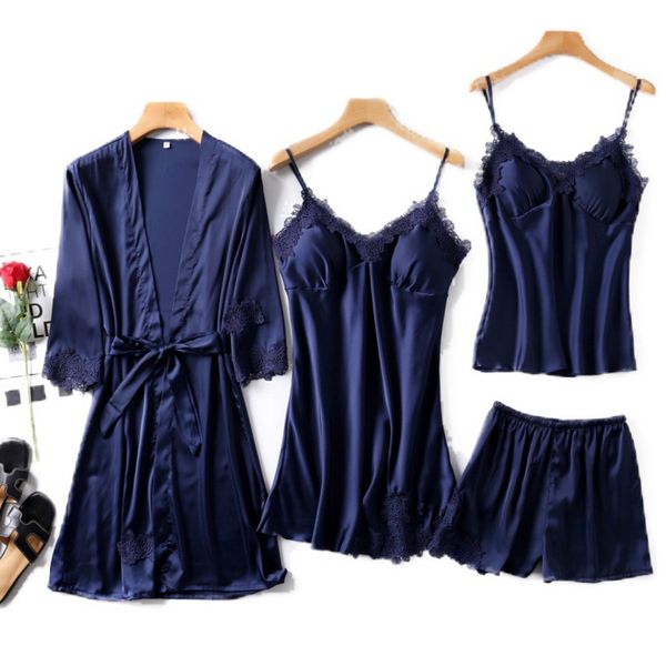

women faux silk dressing gown 4 piece pajamas set lace sling shorts summer robe sleepwear autumn winter warm home sleepwear, Black;red